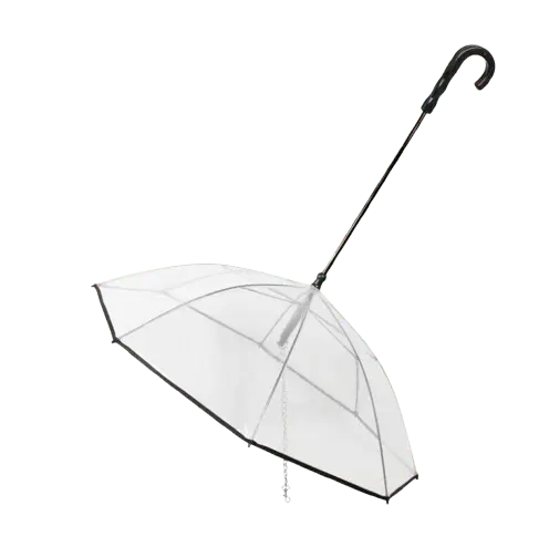 Transparent dog umbrella with built-in leash and black curved handle.