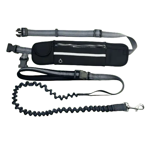 Black shock-absorbing hands-free dog leash with reflective stitching and dual padded handles