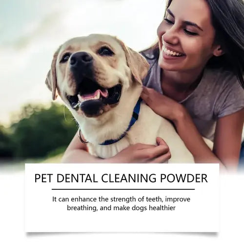 Happy dog with owner using dog tooth cleaning powder for stronger teeth, fresh breath, and better oral health.