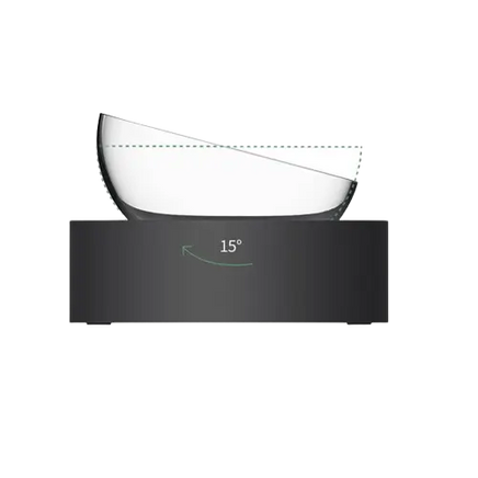 Close-up showing the 15-degree tilt of an elevated pet bowl, designed to promote comfortable and ergonomic feeding.