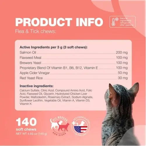 Active and inactive ingredients of flea and tick chews for cats.