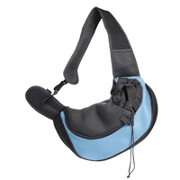 Light blue pet sling carrier with adjustable strap and secure mesh opening