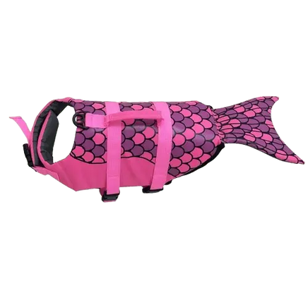 Pink mermaid life jacket for dogs with fun aquatic design