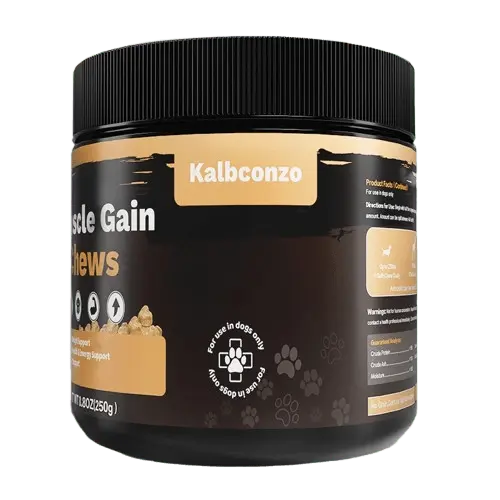 Muscle Gain Chews usage directions and feeding guidelines for dogs by weight.
