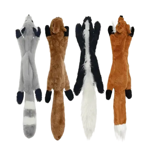 Set of 4 plush dog toys: fox, raccoon, squirrel, and skunk