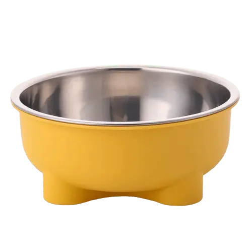 Yellow stainless steel dog bowl for food and water, non-skid base.