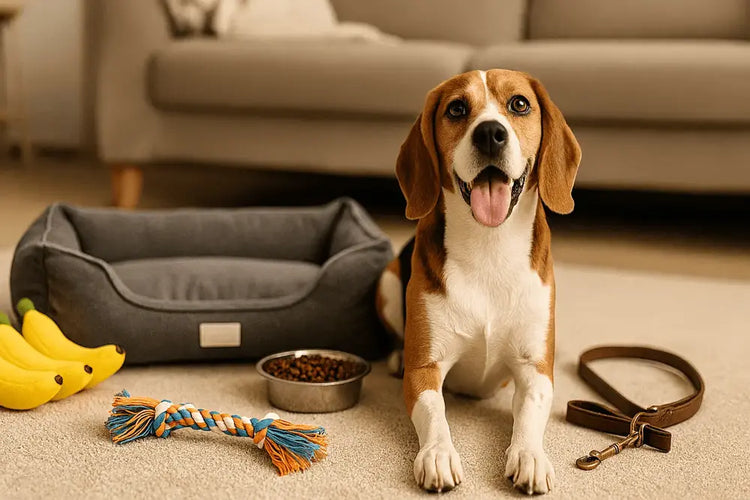 Happy Retriever relaxing with favorite dog bed and toys from the Buy For Dog bestsellers collection.