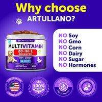 Dog multivitamin 20-in-1 soft chews for joint, coat, skin, digestion, and immune support.