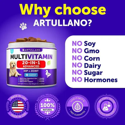 Dog multivitamin 20-in-1 soft chews for joint, coat, skin, digestion, and immune support.