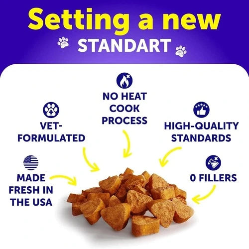Comparison of 20-in-1 dog multivitamin chews with 120 count and fewer fillers vs generic dog supplements. 'Vet-Formulated', 'No Heat Cook Process', 'High-Quality Standards', 'Made Fresh in the USA', and '0 Fillers'.