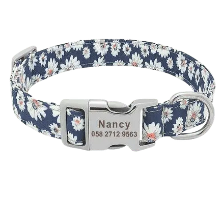 Floral Marine blue dog collar ID with flower design, combining fashion with functionality. BUY FOR DOG