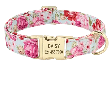 Floral Pink dog collar ID, perfect for pets who adore vibrant and playful patterns. BUY FOR DOG