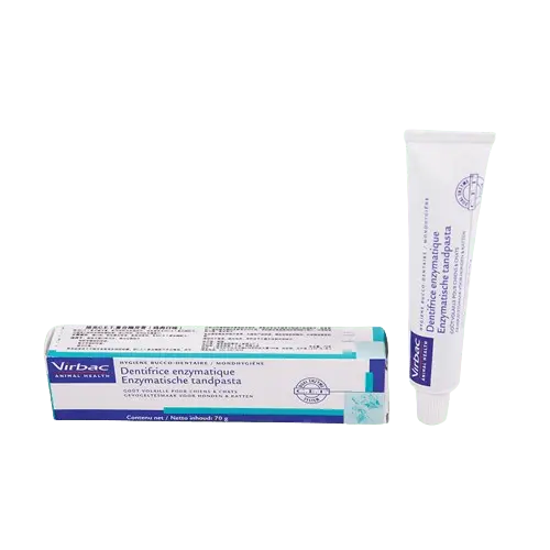 Virbac enzymatic dog toothpaste tube with poultry flavor label displayed. BUY FOR DOG.