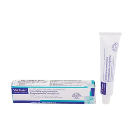 Virbac enzymatic dog toothpaste tube with poultry flavor label displayed. BUY FOR DOG.