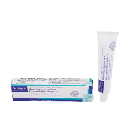Virbac enzymatic dog toothpaste tube with poultry flavor label displayed. BUY FOR DOG.