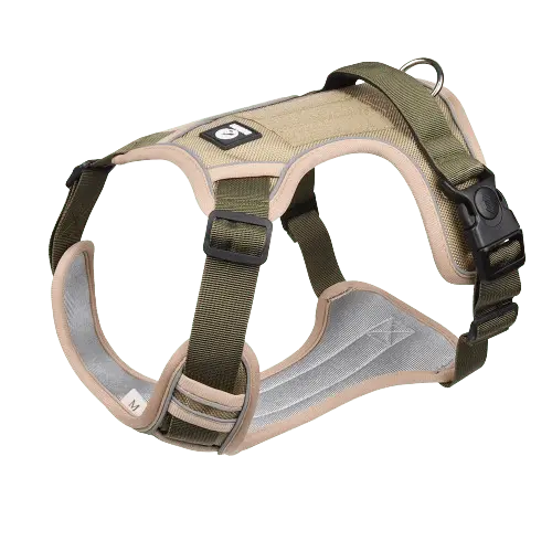 Khaki dog harness with a rugged look and a breathable mesh lining.