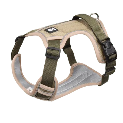 Khaki dog harness with a rugged look and a breathable mesh lining.