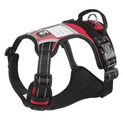 Black and red dog harness with a durable nylon construction and a comfortable fit.