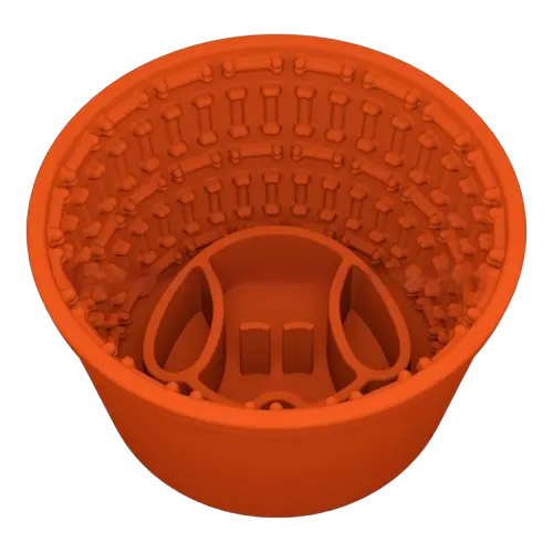 Brick red silicone slow feeder dog bowl for dogs. Slow feed design for fun and healthy mealtime, non-slip, dishwasher safe.