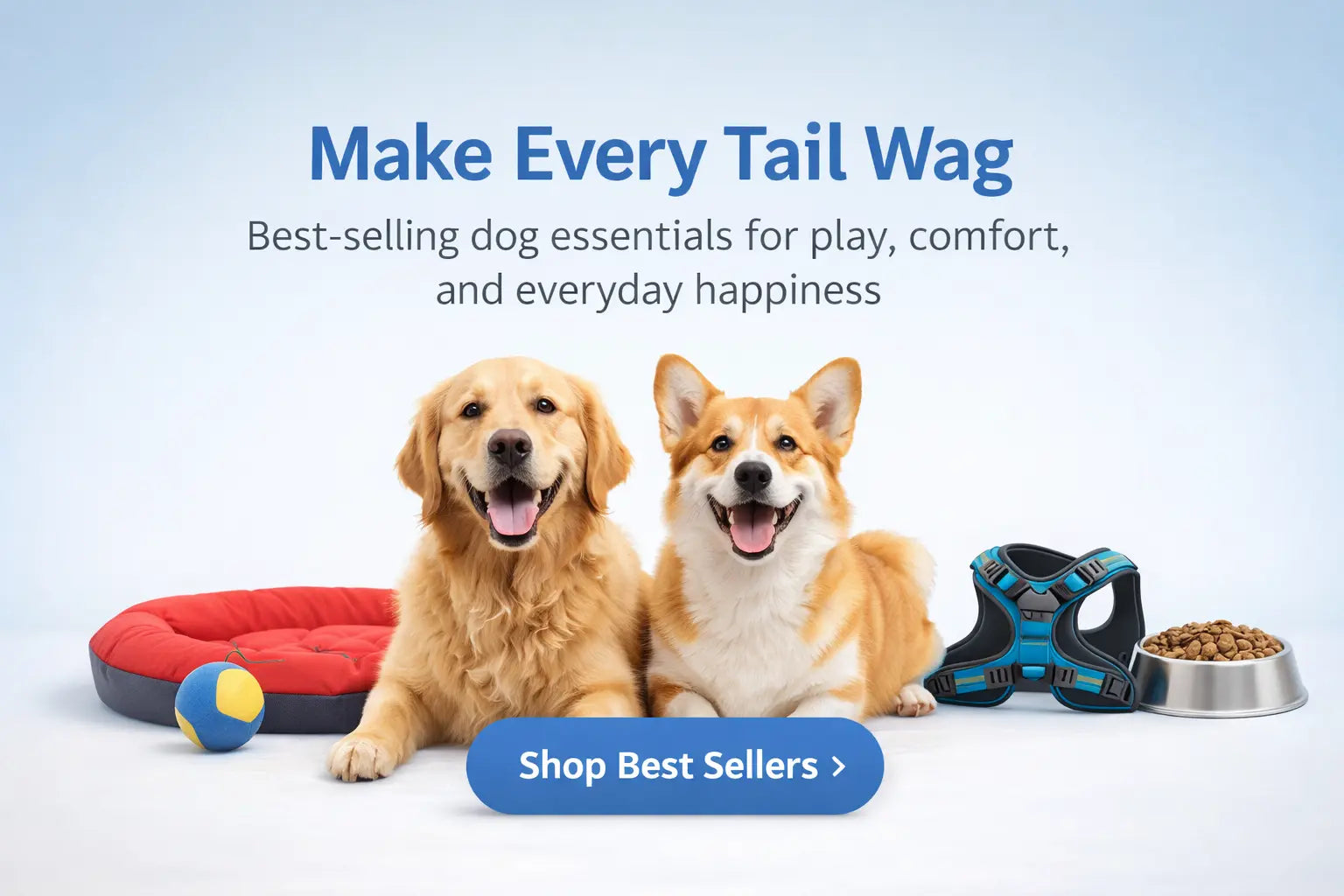 Happy dogs with dog bed, dog toy and harness – best selling dog essentials from Buy For Dog
