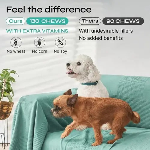 Comparison between Vetrica calming chews and competitors – 130 chews with extra vitamins, no wheat, corn, or soy.