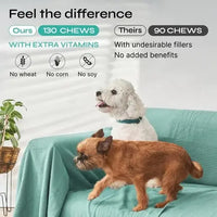 Comparison between Vetrica calming chews and competitors – 130 chews with extra vitamins, no wheat, corn, or soy.