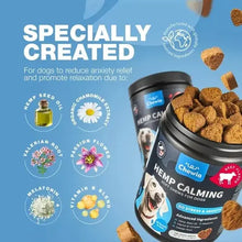 Natural calming ingredients for dogs – hemp seed oil, chamomile, valerian root, passion flower, melatonin, and vitamin B complex.