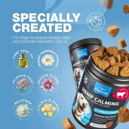 Natural calming ingredients for dogs – hemp seed oil, chamomile, valerian root, passion flower, melatonin, and vitamin B complex.