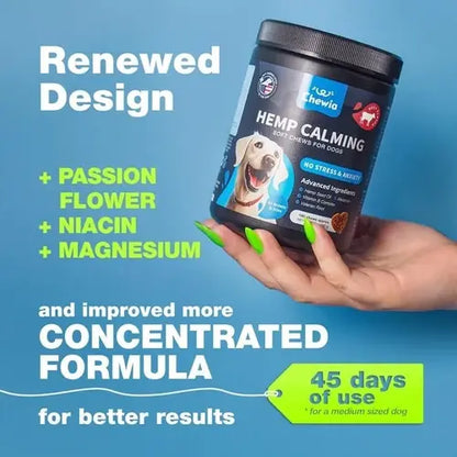 New formula for calming chews for dogs with passion flower, niacin, magnesium – supports anxiety and stress relief for up to 45 days.