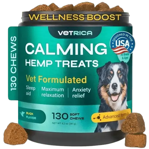 Calming hemp treats for dogs – anxiety relief, sleep aid, and maximum relaxation – 130 soft chews with duck flavor.