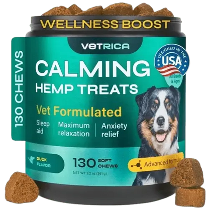 Calming hemp treats for dogs – anxiety relief, sleep aid, and maximum relaxation – 130 soft chews with duck flavor.