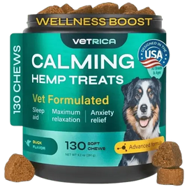 Calming hemp treats for dogs – anxiety relief, sleep aid, and maximum relaxation – 130 soft chews with duck flavor.
