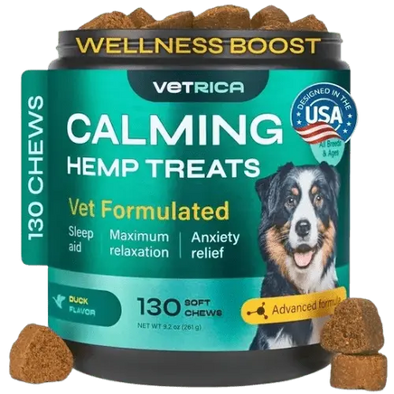 Calming hemp treats for dogs – anxiety relief, sleep aid, and maximum relaxation – 130 soft chews with duck flavor.