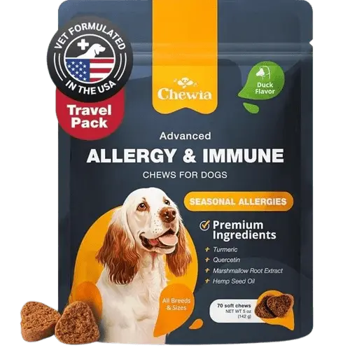 Chewia Allergy and Immune Soft Chews for Dogs – duck flavor, travel pack for all breeds, vet-formulated for seasonal allergies