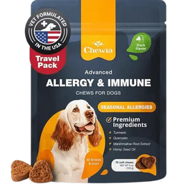 Chewia Allergy and Immune Soft Chews for Dogs – duck flavor, travel pack for all breeds, vet-formulated for seasonal allergies