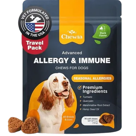 Chewia Allergy and Immune Soft Chews for Dogs – duck flavor, travel pack for all breeds, vet-formulated for seasonal allergies