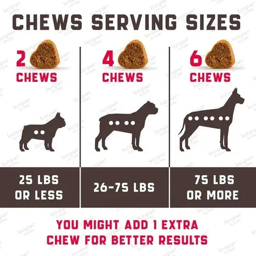 Dog chew serving size guide by weight – 2, 4, or 6 chews daily based on dog's size.