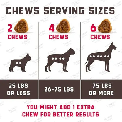 Dog chew serving size guide by weight – 2, 4, or 6 chews daily based on dog's size.
