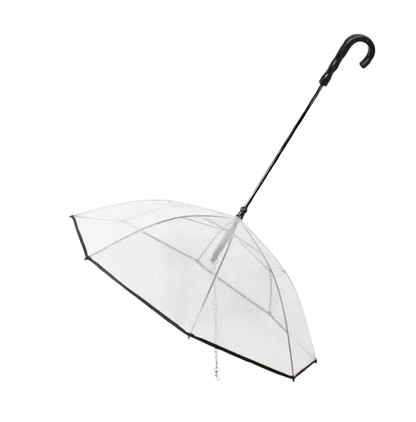 Transparent dog umbrella with built-in leash and black curved handle.