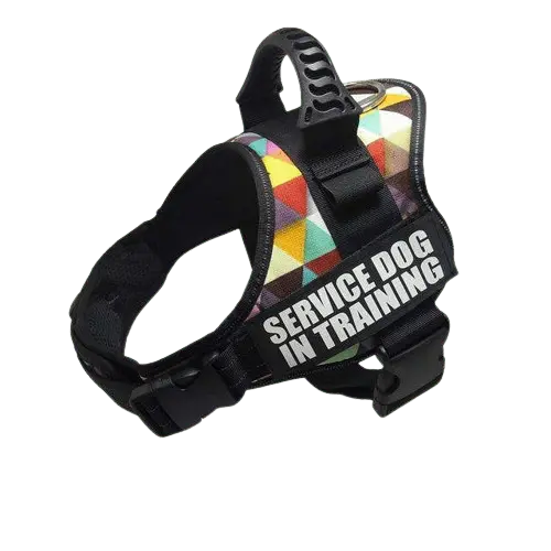 Color Grid Harness ID Name For Dogs featuring a unique, multi-color grid pattern for a standout look. BUY FOR DOG