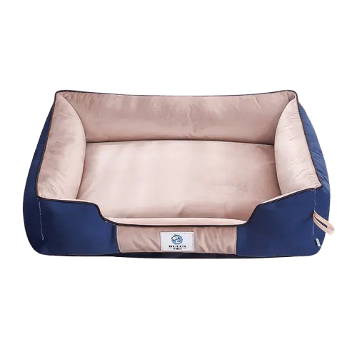 Cozy khaki dog bed (S, M, L). Features supportive raised sides for comfort & security. Plush fabric.
