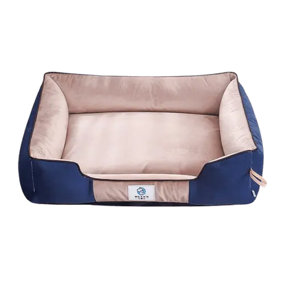 Cozy khaki dog bed (S, M, L). Features supportive raised sides for comfort & security. Plush fabric.