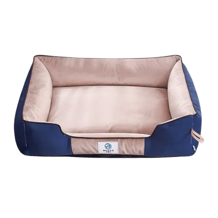 Cozy khaki dog bed (S, M, L). Features supportive raised sides for comfort & security. Plush fabric.