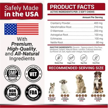 Dog bladder support supplement – ingredients, serving size by dog weight, and product facts.