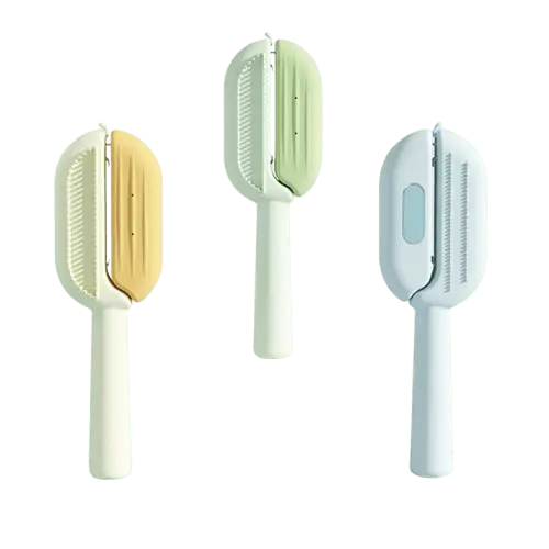 Dog brushes for shedding and grooming, slicker pet combs in blue, green, and yellow for removing loose hair, tangles, and undercoat from dogs and cats.