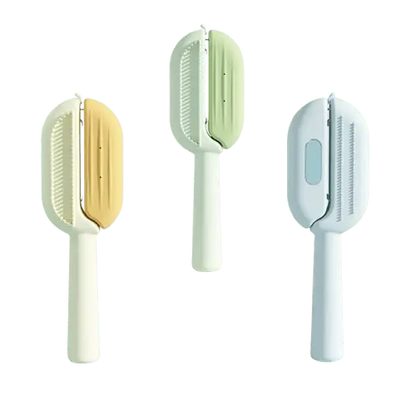 Dog brushes for shedding and grooming, slicker pet combs in blue, green, and yellow for removing loose hair, tangles, and undercoat from dogs and cats.