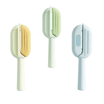 Dog brushes for shedding and grooming, slicker pet combs in blue, green, and yellow for removing loose hair, tangles, and undercoat from dogs and cats.