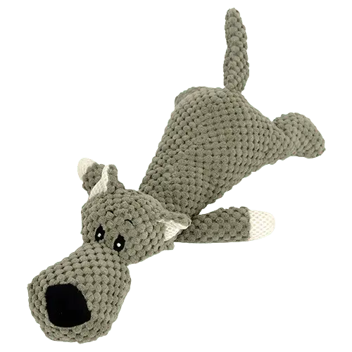 Durable 11-inch plush dog chew toy shaped like a wolf for mental and dental stimulation