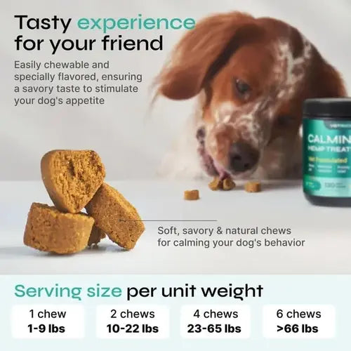Dog enjoying duck-flavored calming chews with dosage chart by weight – soft and savory anxiety relief treats.