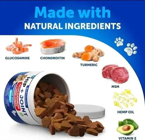 Natural dog treats with glucosamine, MSM, turmeric, and hemp oil.